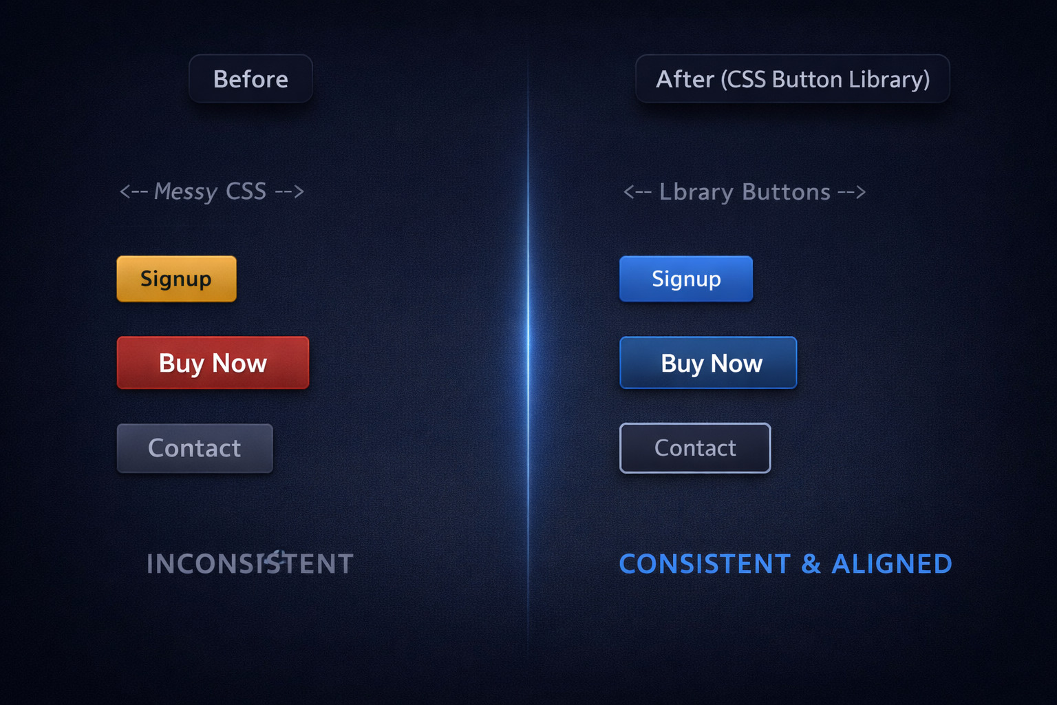 Before and after using a CSS button library for consistent button styles