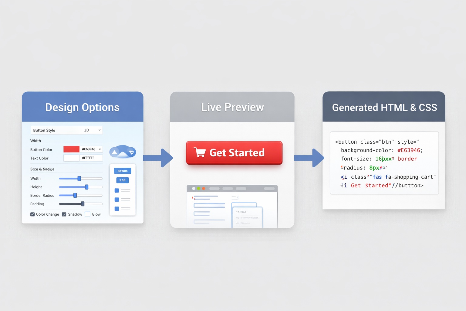 HTML button generator workflow from design to code